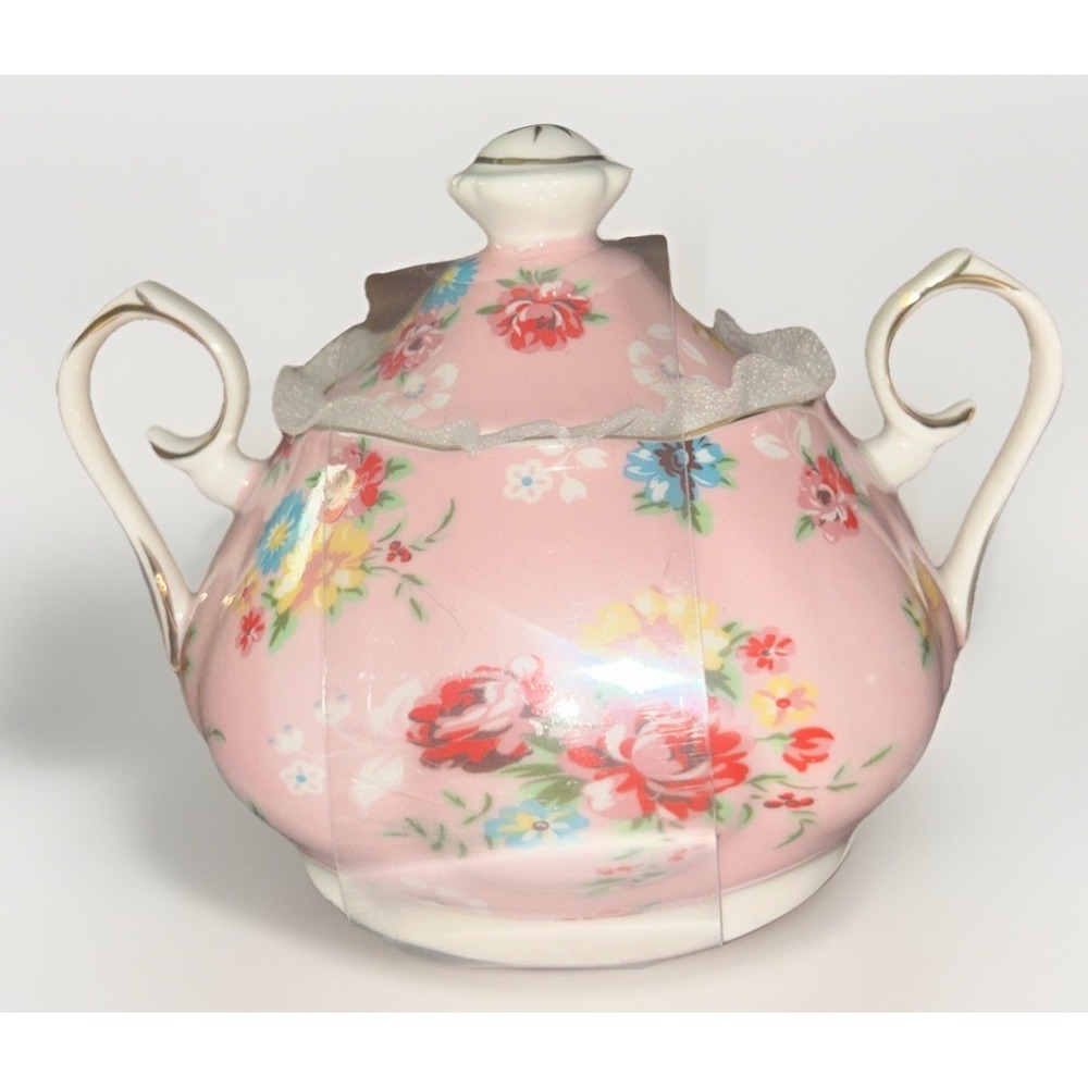 Grace Teaware Porcelain Creamer & Sugar Bowl Pink Rose Border Gold Trim New - Picture 3 of 6
